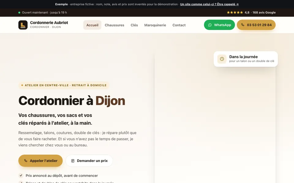 Accueil du site d’exemple : cordonnier