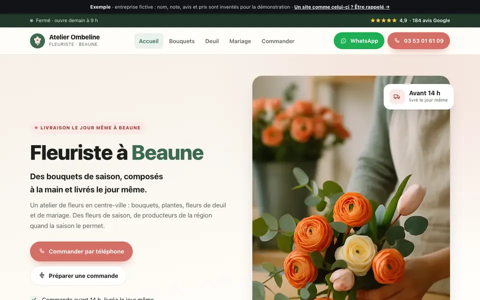 Accueil du site d’exemple : fleuriste