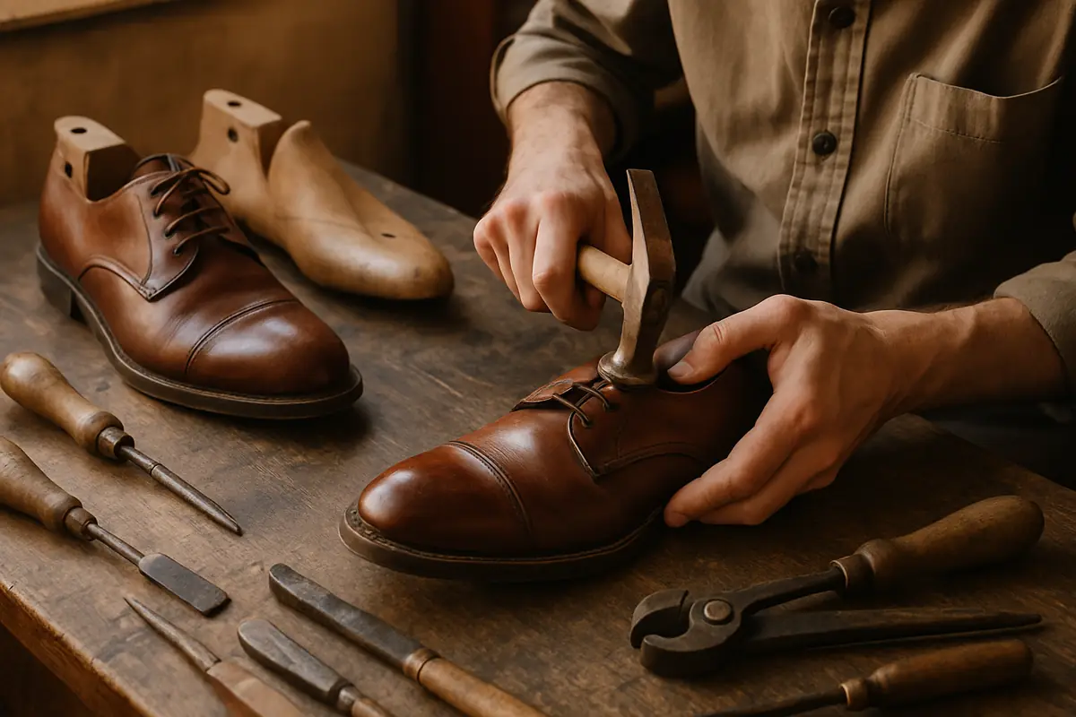 Cordonnier au travail sur une chaussure dans son atelier