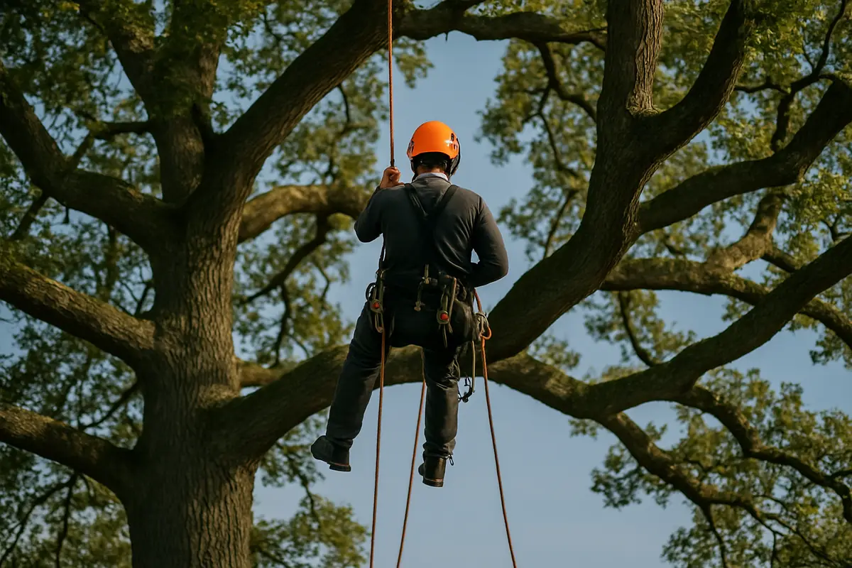 Élagueur encordé dans un grand arbre