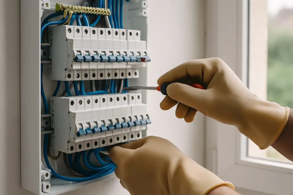 Électricien qui serre un disjoncteur dans un tableau électrique neuf