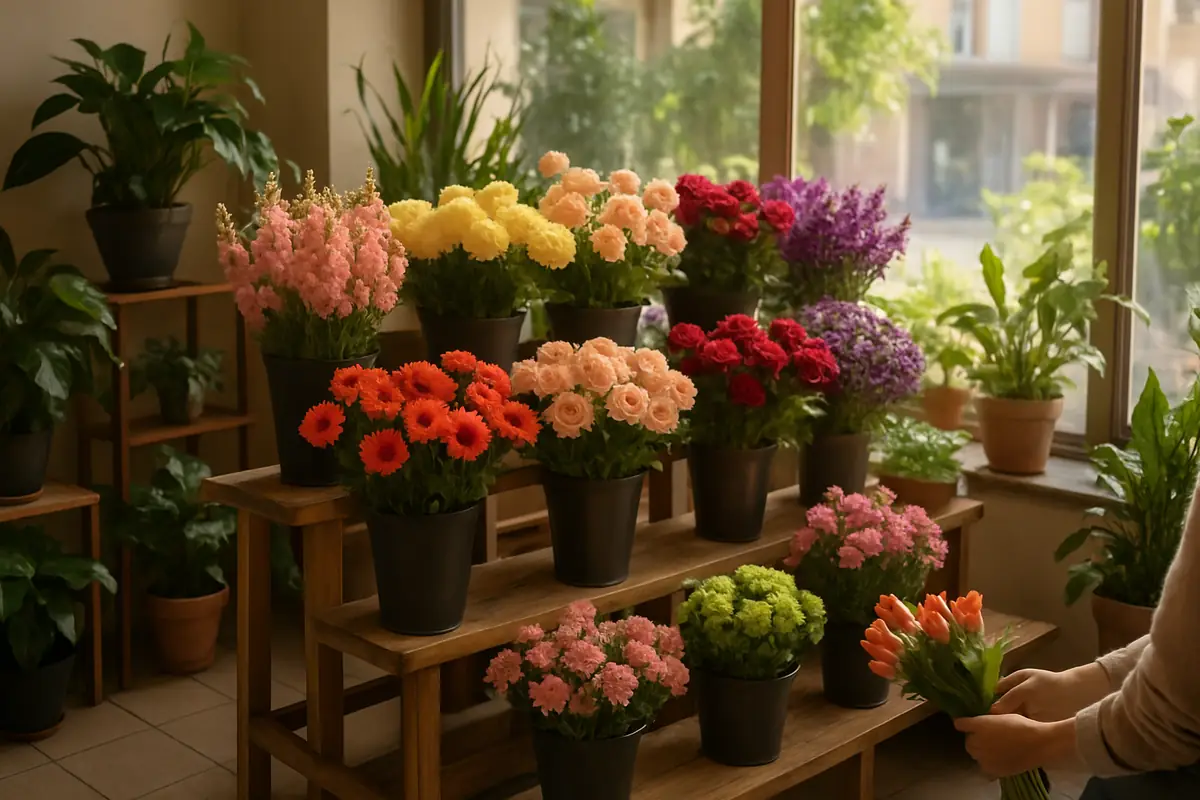 Intérieur de la boutique, seaux de fleurs sur des gradins en bois