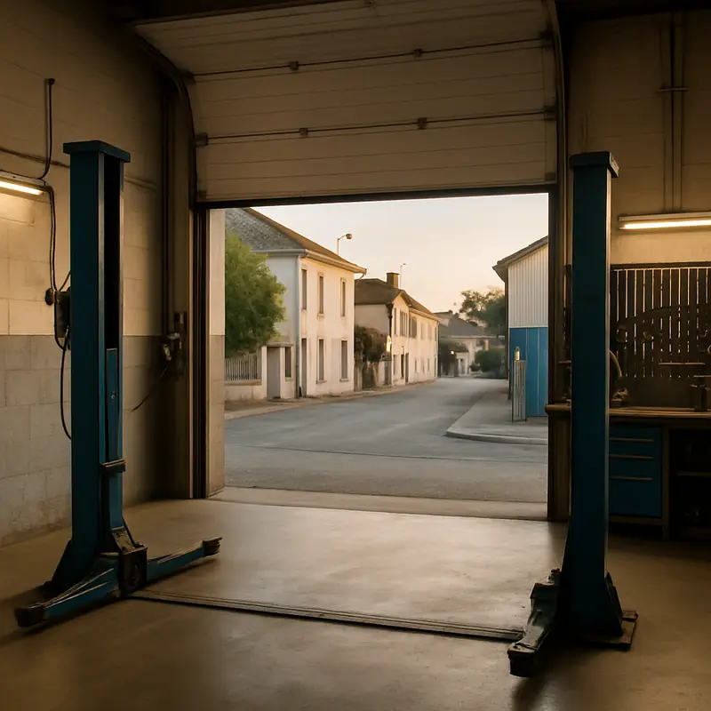 Atelier du garage, deux ponts élévateurs et le mur d’outils