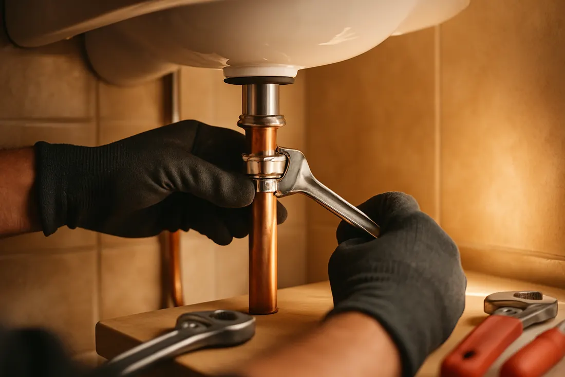 Plombier au travail sous un lavabo