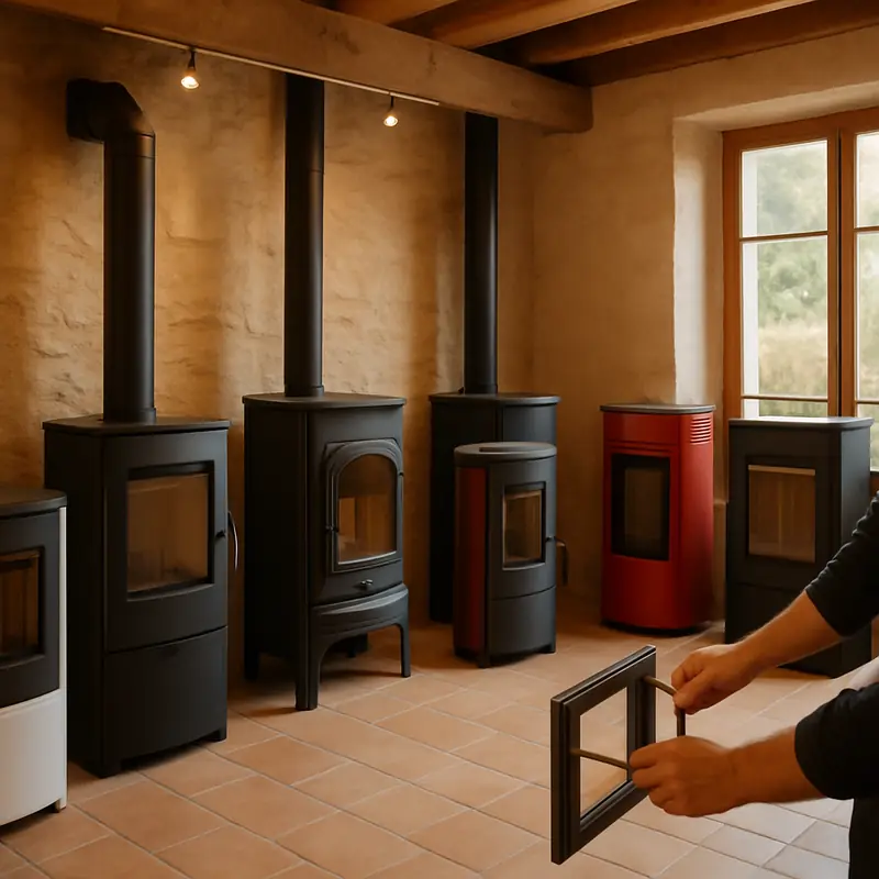 Le showroom, plusieurs poêles exposés dont deux allumés