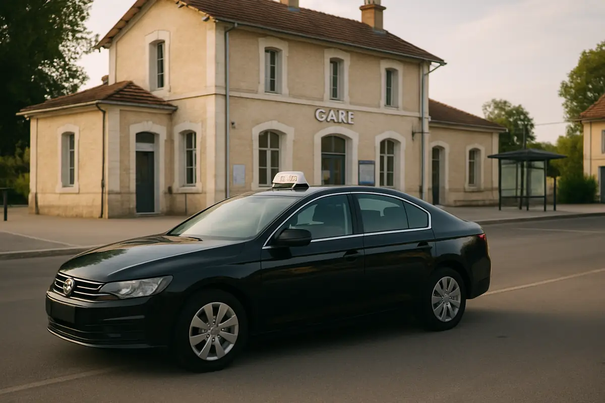 Taxi noir garé devant une petite gare de campagne