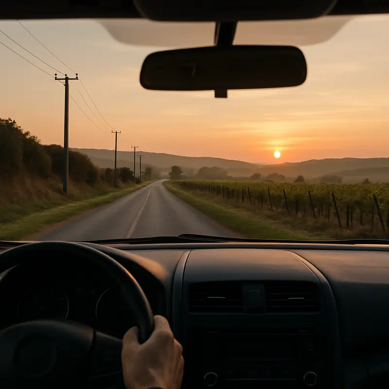La route au petit matin, vue depuis le poste de conduite du taxi