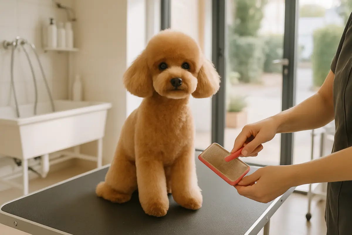 Caniche abricot brossé sur la table de toilettage du salon