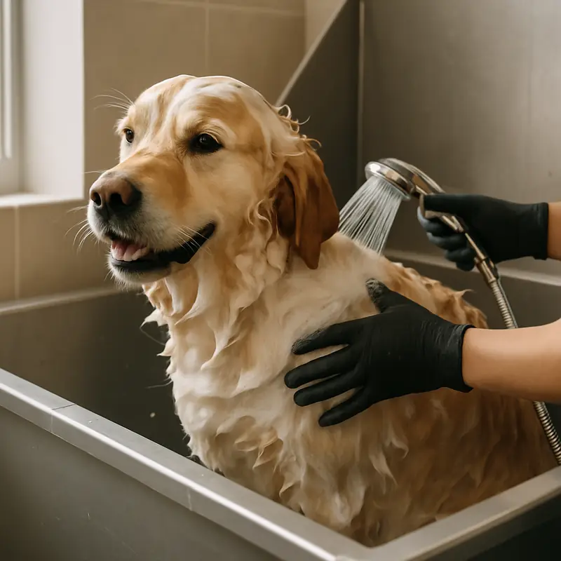 Golden retriever rincé à la douchette dans la baignoire du salon