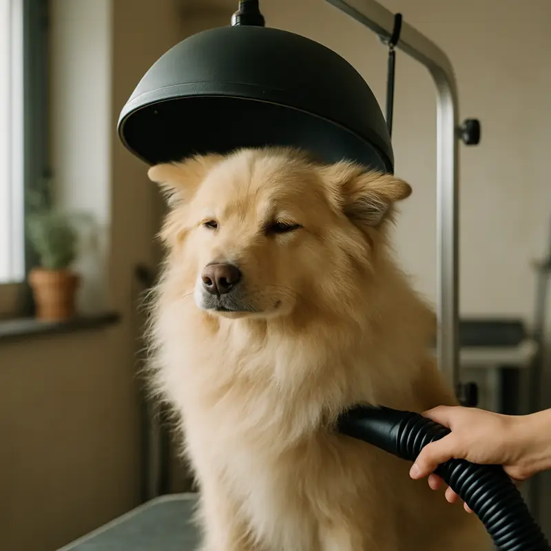 Chien au poil long séché au souffleur sous le casque du salon