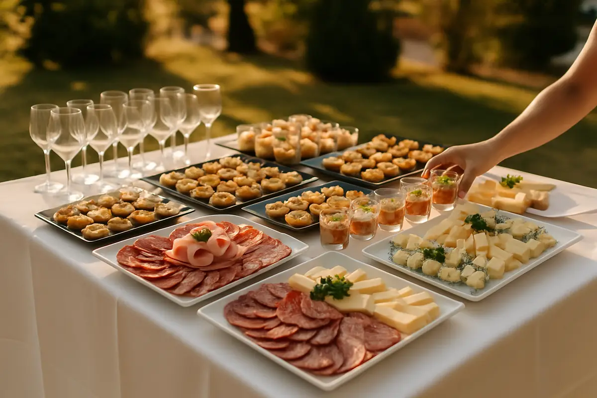 Buffet de réception dressé en plein air : charcuterie, fromages, petits fours et verres alignés