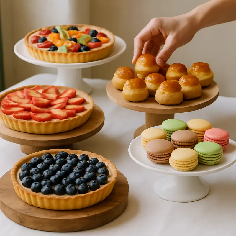 Tartes aux fruits, choux et macarons présentés sur des plateaux à étages
