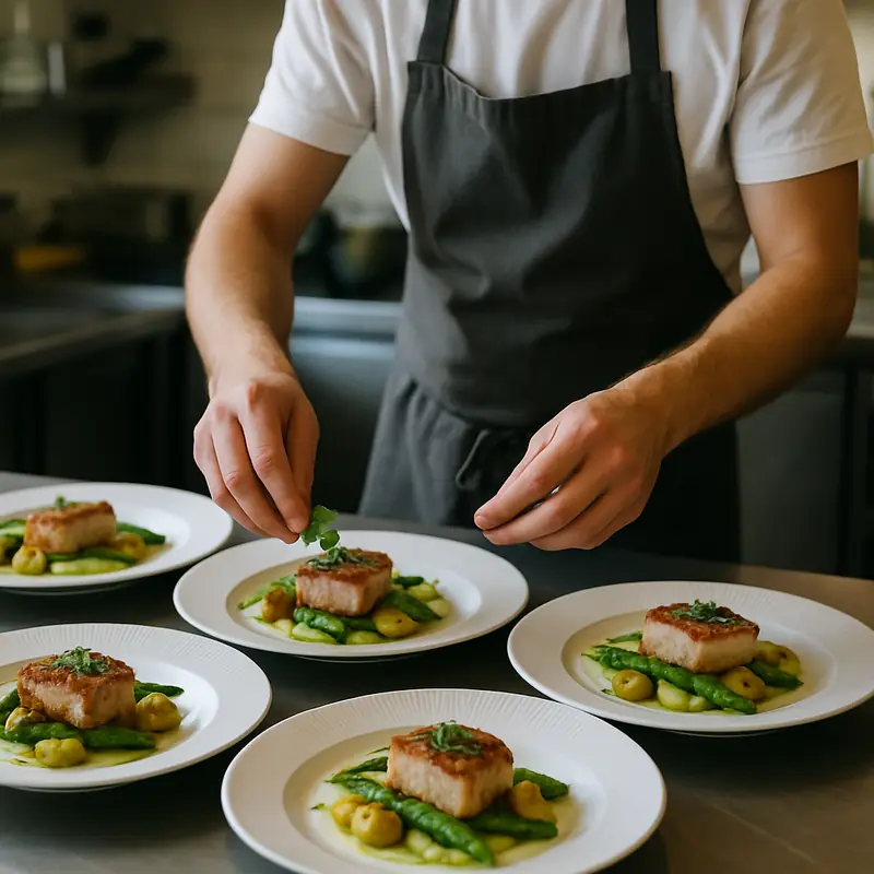 Un cuisinier dresse des assiettes de poisson et de légumes verts